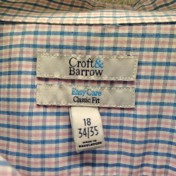 Croft&Barrow Button Up Shirt Men 18 34/35 Easy Care Classic Fit Blue Pink Plaid - Picture 3 of 11